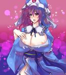  areolae bad_id bad_pixiv_id blush breasts bursting_breasts cleavage hat huge_breasts japanese_clothes purple_eyes purple_hair saigyouji_yuyuko short_hair solo toono_yayoi touhou 