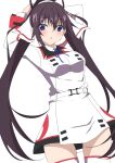  1girl absurdres arms_behind_head arms_up black_hair blue_eyes blue_ribbon breasts collared_shirt commentary_request dutch_angle hair_between_eyes high_ponytail highres infinite_stratos infinite_stratos_academy_school_uniform jacket light_blush long_hair long_sleeves looking_at_viewer medium_breasts neck_ribbon parted_lips ponytail ribbon school_uniform shalu shinonono_houki shirt simple_background skirt skirt_set solo split_ponytail thighhighs upper_body white_background white_jacket white_shirt white_skirt white_thighhighs wispy_bangs 