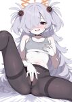  1girl absurdres ass bare_shoulders black_pantyhose blue_archive blush breasts brown_halo darly_(heh_liman) eyeball_hair_ornament female_masturbation fingering fingering_through_clothes grabbing_own_breast grey_hair grey_sports_bra hair_over_one_eye halo highres kanoe_(blue_archive) long_hair looking_at_viewer masturbation masturbation_through_clothes multicolored_eyes navel no_panties open_mouth pale_skin pantyhose pussy scar scar_on_neck see-through_clothes see-through_pantyhose small_breasts sports_bra spread_legs thighband_pantyhose thighs through_clothes two-tone_eyes two_side_up wavy_mouth 