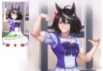  1girl absurdres ahoge animal_ears arm_up biceps black_hair bow bowtie cheere commentary english_commentary english_text flexing game_screenshot_inset grey_hair grin hair_between_eyes hand_up highres horse_ears kitasan_black_(umamusume) looking_at_viewer medium_hair multicolored_hair pointing pointing_at_self red_eyes reference_inset school_uniform screenshot_inset shirt short_sleeves skirt smile summer_uniform toned toned_female tracen_school_uniform two-tone_hair umamusume upper_body 