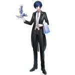  1boy aqua_gem arknights black_coat black_jacket black_pants black_ribbon black_shoes blue_eyes blue_flower blue_hair blue_rose butler closed_mouth coat coattails collared_shirt fake_halo fake_wings flower flower_pin food full_body game_asset gem gloves hair_over_one_eye halo highres holding holding_tray ice_cream jacket lapels laterano_logo loafers long_sleeves looking_at_viewer male_focus non-web_source official_art one_eye_covered open_clothes pants peaked_lapels persona persona_3 persona_3_reload ribbed_shirt ribbon rose shirt shoes short_hair simple_background solo standing studio_montagne tachi-e tailcoat towel towel_on_arm transparent_background tray vest white_gloves white_shirt white_vest wings yuan_quanquan_ren yuuki_makoto_(persona_3) 