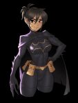  1girl batgirl batgirl_costume_(2021_cassandra) batman_symbol belt belt_pouch black_background black_bodysuit black_cape black_gloves black_hair bodysuit cape cassandra_cain commentary covered_navel dc_comics english_commentary gloves green_eyes hand_on_own_hip no_mask pouch psuede scar scar_on_face simple_background solo superhero_costume torn_bodysuit torn_cape torn_clothes utility_belt yellow_belt 