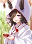  1girl animal_ears blush bride brown_hair commentary_request ears_through_headwear flipped_hair hair_over_one_eye highres holding hooded_kimono horse_ears horse_girl japanese_clothes kimono long_hair long_sleeves open_mouth purple_eyes rice_shower_(umamusume) smile solo uchikake uki_(uotoradou) umamusume wataboushi white_hood white_kimono 