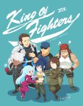  3girls 4boys bandana bare_shoulders baseball_cap belt blue_eyes blue_hair bodysuit boots brown_eyes brown_hair camouflage camouflage_pants candy chibi clark_still combat_boots commentary_request cropped_jacket cross cross_necklace cyborg dark-skinned_male dark_skin dog_tags fighting_game fingerless_gloves fold-over_gloves food full_body gloves hat holding holding_candy holding_food holding_lollipop jacket jewelry k'_(kof) kaychen kula_diamond leather leather_jacket leather_pants leona_heidern lollipop long_hair mature_male maxima metal_gloves military military_uniform multiple_boys multiple_girls muscular necklace pants ponytail purple_bodysuit ralf_jones red_eyes short_hair sideburns signature soldier sunglasses swirl_lollipop tank_top the_king_of_fighters the_king_of_fighters_xiv whip_(kof) white_hair yellow_gloves yellow_tank_top zipper 