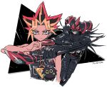  2boys belt black_hair blonde_hair card commentary_request duel_monster ekawa_kanako fake_horns helmet holding holding_card holding_staff horned_helmet horns kuriboh magician_of_black_chaos male_focus millennium_puzzle multicolored_hair multiple_boys pentagram purple_eyes red_hair spiked_hair staff yami_yugi yu-gi-oh! yu-gi-oh!_duel_monsters 