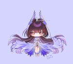  1girl absurdres artist_request blunt_bangs bracelet brown_hair chibi coattails commentary dress english_commentary female_dreamseeker_(herrscher_of_time)_(honkai_impact) female_dreamseeker_(honkai_impact) floating_clothes full_body gradient_hair hair_ornament hands_on_own_chest headpiece highres honkai_(series) honkai_impact_3rd jewelry layered_dress leylah_(honkai_impact) light_smile long_hair looking_at_viewer multicolored_eyes multicolored_hair own_hands_together second-party_source shards simple_background streaked_hair tailcoat very_long_hair white_dress 