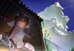  1girl adjusting_clothes bangs_pinned_back bench black_hair blue_sky body_fur bright_pupils bus_stop bus_stop_shelter chain-link_fence cloud contrail corrugated_galvanized_iron_sheet cumulonimbus_cloud ears_down eitirou12345 fence flower food furry furry_female hair_ornament hairclip highres hot long_hair mouth_hold multicolored_hair original popsicle shorts sitting sky solo summer sunflower sweat tank_top thick_eyebrows white_hair white_pupils 