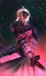  1girl absurdres ahoge armor armored_dress artoria_pendragon_(fate) black_armor black_dress braid breastplate closed_mouth crown_braid dress excalibur_morgan_(fate) fate/stay_night fate_(series) gauntlets highres holding holding_sword holding_weapon looking_at_viewer notepic one_eye_covered saber_alter short_hair solo sword weapon yellow_eyes 