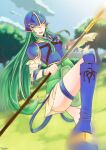  1girl absurdres armor artist_name blue_armor blue_helmet blurry blurry_background breastplate bush cloud commission day english_commentary fire_emblem fire_emblem:_path_of_radiance floating_hair glint grass green_eyes green_hair helmet highres holding holding_polearm holding_weapon leg_up long_hair long_sidelocks miniskirt motion_blur nephenee_(fire_emblem) open_mouth outdoors pauldrons pelvic_curtain polearm shoulder_armor sidelocks skirt sky solo spear standing standing_on_one_leg thick_thighs thighs tree upper_body very_long_hair weapon white_skirt witch_senpai_arts 