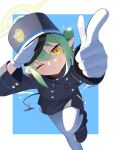  1girl absurdres black_tail blue_archive blue_background blue_boots blue_hat blue_jacket blue_shorts boots border buttons commentary_request demon_tail double-breasted earrings feet_out_of_frame glint gloves green_hair green_halo halo hat highres jacket jewelry long_hair looking_at_viewer nozomi_(blue_archive) outside_border pantyhose peaked_cap pointing pointing_at_viewer pointy_ears puckered_lips salute shorts simple_background single_earring solo standing standing_on_one_leg tail twintails white_border white_gloves white_pantyhose yellow_eyes yohia 