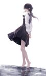  1girl absurdres arms_behind_back bare_legs barefoot black_dress black_hair black_ribbon blunt_bangs chainsaw_man commentary dress dress_shirt floating_clothes fourth_east_high_school_uniform highres long_shirt long_sleeves mitaka_asa neck_ribbon no_shoes reflection ribbon school_uniform shirt sidelocks skirt sleeveless sleeveless_dress suspender_skirt suspenders twintails white_background white_shirt wind wind_lift yu_pian 