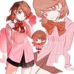  1girl absurdres black_skirt blush bow bowtie brown_eyes brown_hair cardigan chibi chibi_inset choker closed_mouth cowboy_shot earrings flipped_hair floral_background flower gekkoukan_high_school_uniform head_tilt heart heart_choker highres jewelry laishamark92077 long_sleeves looking_at_viewer loose_bowtie medium_hair miniskirt multiple_views persona persona_3 pink_cardigan pink_flower red_bow red_bowtie ribbed_cardigan school_uniform shirt skirt smile stud_earrings takeba_yukari white_background white_choker white_shirt wing_collar 