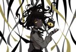  1girl black_bow black_bowtie black_hair bow bowtie commentary english_commentary grey_shirt grimmi_(1st_costume)_(vtuber) grimmi_(vtuber) highres indie_virtual_youtuber long_hair long_sleeves looking_at_viewer one-eyed pale_skin ringed_eyes shirt sidango skelter_(grimmivt) skirt suspender_skirt suspenders virtual_youtuber yellow_eyes 