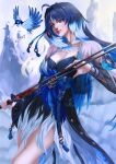  1girl ahoge bird black_dress black_hair blue_bird blue_eyes blue_hair breasts closed_mouth colored_inner_hair commentary dress hair_intakes highres holding holding_sword holding_weapon jacket kouichi09 long_hair medium_breasts mountain multicolored_hair outdoors smile solo sword tacet_mark_(wuthering_waves) weapon white_jacket wuthering_waves yangyang_(wuthering_waves) yangyang_(xuanling)_(wuthering_waves) 