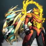  2boys absurdres antennae armor armored_bodysuit black_bodysuit bodysuit character_mask chou_uchuu_keiji_gavan_infinity combat_helmet commentary_request compound_eyes full_armor gavan_infinity gavan_infinity_apollon gloves glowing glowing_eyes helmet highres kamen_rider kamen_rider_zeztz kamen_rider_zeztz:_farewell_mission kamen_rider_zeztz_(series) male_focus mask multicolored_armor multiple_boys naitsupic red_armor red_bodysuit red_helmet science_fiction silver_armor super_space_sheriff_gavan_infinity_the_movie:_the_day_the_sun_cried tokusatsu two-tone_armor zeztz_driver 