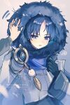  1boy black_gloves black_hair black_hood blue_gem blunt_ends bright_pupils coat commentary_request eyeliner feathers fur-trimmed_hood fur_coat fur_hood fur_trim gem genshin_impact gloves gold grey_background gurumin_(gurruguru) hand_up hood hood_up hoyofair light_blush long_sleeves looking_at_viewer makeup male_focus official_alternate_costume open_mouth parted_bangs parted_lips petticoat pom_pom_(clothes) portrait pov pov_hands purple_eyes purple_scarf raised_eyebrow red_eyeliner scaramouche_(genshin_impact) scarf squiggle tsurime twitter_username wanderer_(genshin_impact) wanderer_(nord_express)_(genshin_impact) watermark white_coat white_hood white_pupils white_sleeves winter_clothes winter_coat wispy_bangs yellow_feathers 