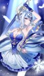  1girl absurdres arm_up armpits bare_shoulders blue_dress blue_gloves blue_hair breasts cleavage commentary_request cowboy_shot detached_sleeves dress falling_feathers feathers genshin_impact gloves hair_bun hair_ornament highres holding holding_sword holding_weapon left-handed looking_at_viewer medium_breasts miza8276 odette_(genshin_impact) pantyhose parted_lips purple_eyes short_hair snowflakes solo sword weapon white_pantyhose whitelake_frostfeather_(genshin_impact) 