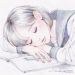  1girl absurdres book brown_hair canvas_texture closed_eyes closed_mouth colored_pencil_(medium) commentary_request facing_to_the_side fingernails grey_sailor_collar hair_behind_ear highres lips long_sleeves naho_graphics notebook open_book original painting_(medium) pencil pink_lips pink_nails sailor_collar school_uniform serafuku shirt short_hair signature simple_background sleeping solo traditional_media watercolor_(medium) web_address white_background white_shirt 