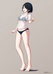  1girl barefoot black_hair blue_bra blue_panties blush bra brown_eyes commentary_request feet full_body grey_background highres no_pants open_mouth original panties see-through_clothes see-through_shirt shirt short_hair short_sleeves signature simple_background smile solo standing t-shirt takimoto_nao toes underwear variant_set white_shirt 