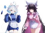  2girls 9hun_(wxw_hye) :d ;d ahoge alternate_costume animal_ear_fluff animal_ears apron black_hair blue_eyes blue_hair blue_jacket blue_pupils blush cat_ears cat_girl closed_mouth columbina_(genshin_impact) commentary_request enmaided frilled_apron frilled_hairband frills furina_(genshin_impact) genshin_impact hair_ornament hairband hand_up hands_up highres jacket jersey_maid kemonomimi_mode korean_commentary long_hair long_sleeves looking_at_viewer maid maid_headdress multiple_girls one_eye_closed open_mouth purple_eyes purple_hair simple_background smile track_jacket unconventional_maid unfinished unusually_open_eyes very_long_hair waist_apron white_apron white_background white_hair white_hairband wing_hair_ornament 