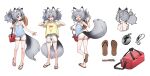  1girl absurdres animal_ear_fluff animal_ears ass bag blue_shirt commission eyebrows_hidden_by_hair fankupl flat_chest flip-flops from_behind from_side full_body grey_hair grey_shirt hat highres holding holding_bag jaana_kettu looking_down looking_to_the_side medium_hair multiple_views open_mouth original red_eyes reference_sheet sandals shirt simple_background smile standing standing_on_one_leg straw_hat tail white_background wolf_ears wolf_girl wolf_tail yellow_shirt 
