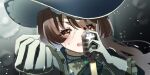  1girl ame_(men_0304) blue_hat blue_jacket blush brown_eyes brown_hair commentary_request double-parted_bangs gloves hair_between_eyes hat highres holding holding_microphone holding_microphone_stand horse_girl jacket long_hair long_sleeves looking_at_viewer microphone microphone_stand official_alternate_costume official_alternate_hairstyle open_mouth satono_diamond_(chevalier_bleu)_(umamusume) satono_diamond_(umamusume) solo sweat umamusume upper_body water wet white_gloves winning_the_soul_(song) 