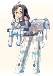  1girl barefoot black_hair blue_one-piece_swimsuit blue_trim commentary_request detached_sleeves exoskeleton glasses hair_ornament hairclip headgear highleg highleg_one-piece_swimsuit highres hood hoodie invisible_floor long_hair looking_at_viewer mecha_musume mechanical_legs one-piece_swimsuit orange_eyes original personification ponytail see-through_clothes see-through_sleeves shuuzen_(shu-zen) sidelocks solo sweat swimsuit two-tone_one-piece_swimsuit unworn_hoodie water white_background white_hoodie white_one-piece_swimsuit 