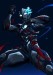  1boy alien armor asymmetrical_horns aura blue_background blue_horns color_timer colored_skin commentary compound_eyes cowboy_shot dorsal_fin fighting_stance from_below giant giant_male glowing glowing_eyes gradient_background hands_up horns kintsuba_(kintsuba_08) legs_apart looking_ahead male_focus multicolored_skin no_pupils pectorals red_skin shoulder_armor silver_skin solo tokusatsu toned toned_male ultra_series ultraman_blazar ultraman_blazar_(series) white_eyes wrinkled_skin 