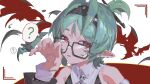  1girl ? absurdres bare_shoulders black-framed_eyewear black_hairband black_shirt claw_pose commentary detached_sleeves glasses green_hair hair_ornament hairband hand_up highres looking_at_viewer open_mouth pointy_ears portrait red_eyes roxy_ifrita_pryce scar scar_on_shoulder shirt single_claw_pose solo zenless_zone_zero zigou 