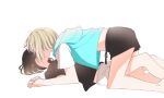  2girls aoba_moca bang_dream! bang_dream!_girls_band_party! black_hair black_shirt black_shorts blonde_hair blue_hoodie ch_ban5 commentary_request holding_hands hood hoodie interlocked_fingers korean_commentary leg_between_thighs mitake_ran multicolored_hair multiple_girls red_streaks shirt short_hair shorts simple_background sleeveless sleeveless_hoodie streaked_hair white_background white_shirt white_shorts yuri 