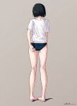  1girl barefoot blue_panties commentary_request feet from_behind full_body grey_background highres no_pants original panties shirt short_sleeves signature simple_background solo standing t-shirt takimoto_nao underwear variant_set white_shirt 