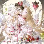  1girl beiji_quan_buxu_kou_xijie blonde_hair blood breasts character_request chinese_commentary commentary_request copyright_request crown frills gem highres jewelry original ornate pale_skin pearl puffy_short_sleeves puffy_sleeves red_eyes ribbon short_sleeves solo table upper_body wings 