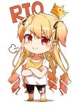  1girl black_pants black_ribbon blonde_hair camisole character_name chibi chibi_only closed_mouth comadori09 commentary_request crossed_arms crown gradient_hair hair_ribbon highres long_hair multicolored_hair orange_hair pants red_eyes ribbon see-through_clothes see-through_shirt seibu_rio shine_post shirt shoes simple_background smile snort solo two_side_up white_background white_shirt yellow_camisole yellow_shoes yoga_pants 