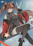  1girl absurdres andreanochandr1 angelina_(arknights) animal_ear_fluff animal_ears arknights arknights:_endfield bare_shoulders bird black_boots black_dress black_gloves black_thighhighs boots bracelet breasts brown_hair coat covered_navel double-parted_bangs dress elbow_gloves film_grain floating_hair floating_paper fold-over_boots fox_ears fox_girl gilberta_(arknights) gloves hair_between_eyes headgear heavy_film_grain high_collar highres impossible_clothes impossible_dress infection_monitor_(arknights) jewelry large_breasts long_hair long_sleeves looking_at_viewer off_shoulder open_clothes open_coat perching red_coat red_eyes short_dress sleeveless sleeveless_dress solo staff_riding star_(symbol) thighhighs twintails white_bird 
