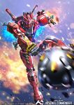  ball_and_chain_(weapon) commentary_request company_name copyright_logo copyright_name copyright_notice explosion eye_trail glowing glowing_eyes gundam gundam_arsenal_commander gundam_gquuuuuux holding holding_ball_and_chain_(weapon) holding_weapon kenko_(a143016) light_trail logo mecha mecha_focus mobile_suit official_art purple_eyes red_gundam robot science_fiction solo thrusters v-fin weapon weapon_on_back 