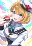  1girl amu_ne0 blonde_hair blue_eyes colorful_background commentary_request dress flower hat hat_flower highres holding holding_poke_ball long_sleeves looking_at_viewer official_alternate_costume open_mouth poke_ball pokemon pokemon_masters_ex serena_(anniversary_2026)_(pokemon) serena_(pokemon) short_hair solo teeth upper_body upper_teeth_only white_dress white_hat 