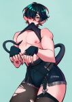  1boy animal_ears black_shirt bulge clothes_in_mouth commentary english_commentary garter_straps genderswap genderswap_(ftm) green_eyes hair_over_one_eye high-waist_shorts ilikhain jane_doe_(zenless_zone_zero) john_doe_(zenless_zone_zero)_(scopeophilia) limp_wrist male_focus mouse_boy mouse_ears mouse_tail mouth_hold nipples pantyhose red_nails shirt shirt_in_mouth shorts simple_background single_garter_strap single_leg_pantyhose solo tail thick_thighs thighs toned toned_male torn_clothes torn_pantyhose zenless_zone_zero 