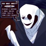  1boy 1other black_coat black_sclera brown_hair coat colored_sclera commentary deltarune english_commentary english_text feathered_wings grey_sweater head_wings hollow_eyes hollow_knight maciemacchi male_focus medium_hair scar_across_eyes simple_background skeleton smile sweatdrop sweater turtleneck turtleneck_sweater utdr_(toby_fox) vessel_(deltarune) w.d._gaster wings worried 