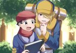  2boys :d belt black_hair blonde_hair blush book brown_belt commentary_request day grey_eyes hat holding holding_book jacket jumpsuit logo male_focus multiple_boys open_mouth outdoors pokemon pokemon_legends:_arceus red_hat red_scarf rei_(pokemon) scarf short_hair smile sparkle tree volo_(pokemon) yellow_hat yukinoko2200 