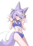  1girl absurdres animal_ears bare_shoulders bikini blue_bikini blue_bow blue_eyes bow carbonara_(user_jstu7878) closed_mouth collar commentary cone_hair_bun cowboy_shot double_bun english_commentary fox_ears fox_girl fox_tail hair_bun hair_ears hair_intakes hair_ornament hair_rings hair_tie hands_up heterochromia highres looking_at_viewer multicolored_hair navel open_hands pink_pupils pulling_own_clothes purple_hair purple_tail short_hair simple_background solo star_(symbol) star_hair_ornament stellive stomach strap_pull streaked_hair suspenders_pull suspenders_under_shirt swimsuit tail tenko_shibuki thighs two-tone_tail virtual_youtuber white_background white_collar white_streaks white_tail yellow_eyes yellow_pupils 