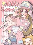  >_< 1girl absurdres ahoge animal animal_print arrow_(symbol) baseball_cap belt belt_buckle blonde_hair blue_skirt blunt_bangs blush_stickers border bouncy_spirit_(infinity_nikki) bow bowtie brown_eyes buckle cat chinese_commentary cloak clothed_animal colored_eyelashes commentary_request copyright_name cowboy_shot cropped_shirt dot_nose ear_covers english_text frilled_shirt frilled_skirt frills grey_belt half-heart_hands hat headphones headphones_over_headwear highres hood hood_up hooded_cloak infinity_nikki jacket light_blush long_hair looking_ahead midriff miniskirt momo_(nikki) navel nikki_(series) open_clothes open_jacket open_mouth outline outside_border outstretched_arm pink_border pink_hat pink_jacket pom_pom_(clothes) print_headwear rabbit_print red_bow red_bowtie shirt sidelocks single_blush_sticker skirt skirt_bow smile sparkle tareme v very_long_hair whiskers white_background white_bow white_cat white_outline white_shirt yellow_bow yellow_cloak yue_bai_(xinjinjumin234856302182) 