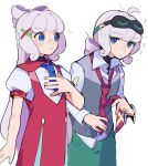  1boy 1girl ? ahoge blue_eyes blue_necktie bow brother_and_sister closed_mouth commentary_request cowboy_shot dress eye_contact green_pants grey_vest hair_bow hand_on_own_chest highres hunched_over long_hair looking_at_another loose_necktie low_ponytail mask mask_on_head necktie necktie_lift pants pinafore_dress pink_bow pink_hair ponytail puffy_short_sleeves puffy_sleeves puyopuyo puyopuyo_quest red_dress red_necktie shirt short_necktie short_sleeves siblings sideways_glance simple_background sleep_mask sleeveless sleeveless_dress sparkle standing ten_(puyopuyo) towa_(puyopuyo) urolo very_long_hair vest white_background white_shirt 