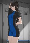  1girl arms_behind_back ass_visible_through_thighs bare_legs bench black_hair blush breasts brown_eyes changing_room closed_eyes commentary_request competition_swimsuit covered_armpit covered_navel fuku_(fuku_1028) hexagon_print high_ponytail highres locker locker_room medium_breasts one-piece_swimsuit original ponytail pool solo swimsuit thigh_gap thighs turtleneck turtleneck_one-piece_swimsuit two-tone_swimsuit unmoving_pattern wide_hips yuuki_rikka 