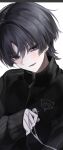  1boy absurdres alternate_costume black_hair black_sleeves black_track_suit blunt_ends blush casual commentary_request contemporary earphones earrings empty_eyes full-length_zipper genshin_impact head_tilt highres holding jewelry korean_commentary looking_at_viewer male_focus parted_lips portrait purple_eyes red_pupils scaramouche_(cat)_(genshin_impact) scaramouche_(genshin_impact) sleeves_past_wrists solo sparkle sparkling_aura sweatdrop talking_ok track_suit tsurime white_background wispy_bangs wolf_cut zipper zipper_pull_tab 