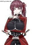  1girl :3 archer_(fate) archer_(fate)_(cosplay) breasts commentary cosplay cowboy_shot fate_(series) girls'_frontline girls'_frontline_2:_exilium large_breasts looking_at_viewer makiatto_(girls'_frontline_2) millsol purple_hair side_ponytail solo standing untranslatable_commentary wa2000_(girls'_frontline) 