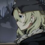  1girl black_coat blonde_hair breath closed_mouth coat expressionless from_side fur-trimmed_coat fur_trim grey_sky helmet hood hood_down outdoors oz_sumire shoujo_shuumatsu_ryokou sky snowing solo yuuri_(shoujo_shuumatsu_ryokou) 