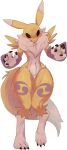  1girl animal_ears black_claws black_sclera blue_eyes blush body_fur chest_tuft colored_sclera commentary digimon digimon_(creature) fox_ears fox_girl fox_tail furry furry_female highres looking_at_viewer looking_down pkbunny renamon solo tail yellow_fur yin_yang 