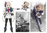  1girl ahoge blonde_hair blue_capelet blue_eyes capelet closed_mouth commentary_request crossed_arms cyborg dress full_body hair_intakes hairband highres huge_weapon ichiyon joints light_smile long_hair looking_at_viewer mechanical_legs monochrome multiple_views neckerchief original pouch red_hairband red_neckerchief reference_sheet robot_joints science_fiction short_sleeves shorts smile solo steam twitter_username very_long_hair weapon weapon_on_back white_background white_dress white_shorts 