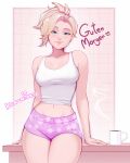  1girl absurdres artist_name blonde_hair blue_eyes breasts cleavage closed_mouth collarbone commentary_request cowboy_shot cup german_commentary german_text head_tilt heart high_ponytail highres konomidraws large_breasts long_hair looking_at_viewer mercy_(overwatch) midriff mug navel overwatch ponytail short_shorts shorts smile solo steam tank_top white_tank_top 