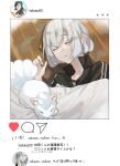  3boys absurdres alolan_vulpix black_jacket blanket commentary crossover fake_screenshot fox heart highres instagram jack_jeanne jacket light_frown lying male_focus multiple_boys mutsumi_kai on_floor on_side oshinari_tsukasa pokemon pokemon_(creature) shirota_mitsuki sleeping sleeping_animal social_media_composition solo_focus tnkatuyoshi_00 track_jacket translation_request trap 